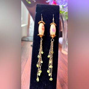 Vintage Inspired Handmade Dangle Earrings Floral And Green Beads